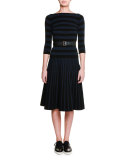 Pleated Two-Tone A-Line Skirt, Black/Blazer