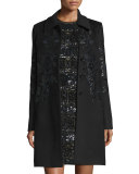 Embellished Button-Front Long Coat, Black