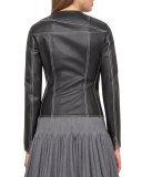 Leather Biker Jacket w/Contrast Stitching, Black/Moonstone