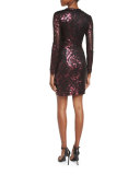 Long-Sleeve Sequin Grid Sheath Dress, Raisin