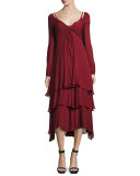 Fira Tiered Silk Dress, Pomegranate