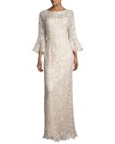 Bell-Sleeve Floral Lace Column Gown, Champagne