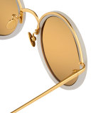 Trimmed Round Mirrored Sunglasses, Smoke/Yellow Gold