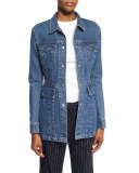 Snap-Front Long Denim Jacket, Natural Blue Vintage