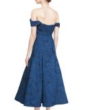 Off-the-Shoulder Leaf Jacquard Midi Dress, Blue Sapphire