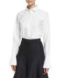Plisse-Cuff Button-Front Blouse, White