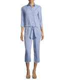 Watermill 3/4-Sleeve Belted Jumpsuit, Blue