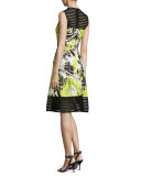 Sleeveless Abstract-Print A-Line Dress, Lime
