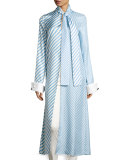 Striped Tie-Neck Long Shirt, Periwinkle/White