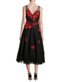 Sleeveless Floral Tulle Tea-Length Dress, Black