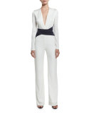 Belted Long-Sleeve V-Neck Jumpsuit, White/Midnight