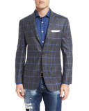 Windowpane Check Three-Button Sport Coat, Gray/Blue