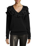 Portia Ruffle V-Neck Pullover, Black