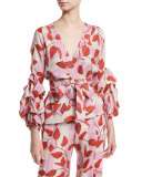 Yoko Leaf-Print Belted Blouse, Red/Pink