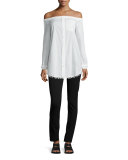 Long-Sleeve Poplin Off-the-Shoulder Shirtdress, Soft White