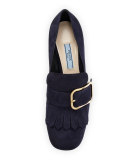 Suede Buckle Kiltie Loafer, Blue (Bleu)