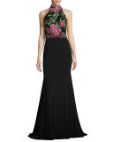 Sleeveless Floral Beaded Mermaid Gown, Black/Multicolor