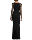 Sheer-Sleeve Jersey Column Gown, Black