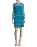 Long-Sleeve Lace Sheath Dress, Light Cornflower Blue