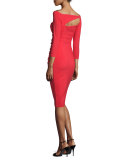 3/4-Sleeve Ruched Ponte Sheath Dress, Red Passion