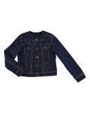 Sequin-Trim Stretch Denim Jacket, Dark Blue, Size 8-14