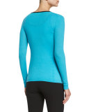 Contrast-Trim Long-Sleeve Cashmere Cardigan, Aqua