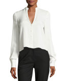 Cropped Silk Jersey V-Neck Shirt, White