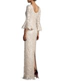 Bell-Sleeve Floral Lace Column Gown, Champagne