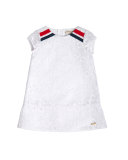 Cap-Sleeve Floral Netted Shift Dress, White, Size 4-10