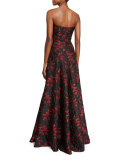 Strapless Floral Brocade Ball Gown, Black/Red