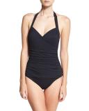 Island Sculpt Wrap-Front Halter One-Piece Swimsuit, Black