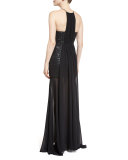 Sleeveless Sequin & Tulle Gown, Black/Gunmetal