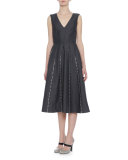 Sleeveless Embroidered Linen Dress, Dark Gray