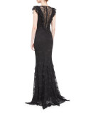 Sleeveless Lace Ruffle-Trim Mermaid Gown, Black