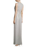 Sleeveless Sequin-Front Pleated Gown