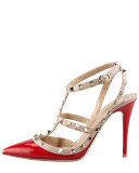 Rockstud Two-Tone Patent Sandal, Red 
