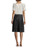 Laser-Cut Leather A-Line Skirt, Black