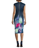 Vespera Hydrangea Midi Sheath Dress, Dark Blue