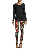 Floral-Print Ankle Skinny Jeans, Black