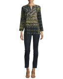 Adeline Bracelet-Sleeve Printed Silk Blouse, Galaxy Blue Multi