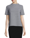 Stand-Collar Striped Short-Sleeve Top, Black 