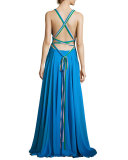 Monroe Strappy Stretch Silk Gown, Blue/Multicolor