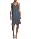 Sleeveless Racerback Linen-Blend Shift Dress, Indigo Stripe