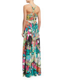 Halter-Neck Arcade-Print Gown, Turquoise/White