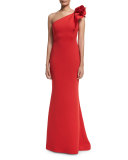 Pleated One-Shoulder Column Gown, Tomato