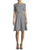 Reversible Gingham Jacquard Boat-Neck Dress, White/Black