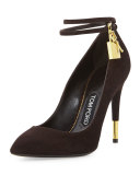 Suede Ankle-Lock Pump, Chocolate