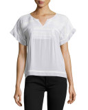 Short-Sleeve Black-Stitched Tucked Top