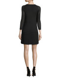 Argyle-Sleeve Pleated Sweaterdress, Jet