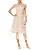 Embroidered Tulle 3/4-Sleeve Trench Dress, Pink